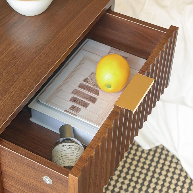 Fultyle Walnut Nightstand, Modern Night Stand with Fluted Drawer and Opening Storage, Wooden Bedside Table with Solid Wood Legs for Bedroom, Living Room, Office (Walnut Brown)