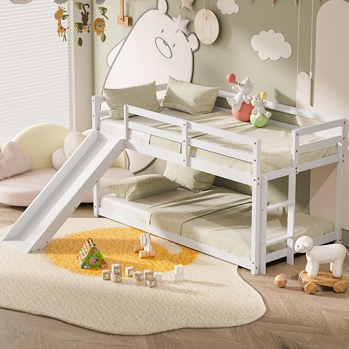 TOLEAD OLEAD Low Bunk Bed with Slide, Floor Loft Bed with Climbing Ladder, Wood Twin Bunk Bed Frame with Full Guardrails & Storage Space for Kids Toddler