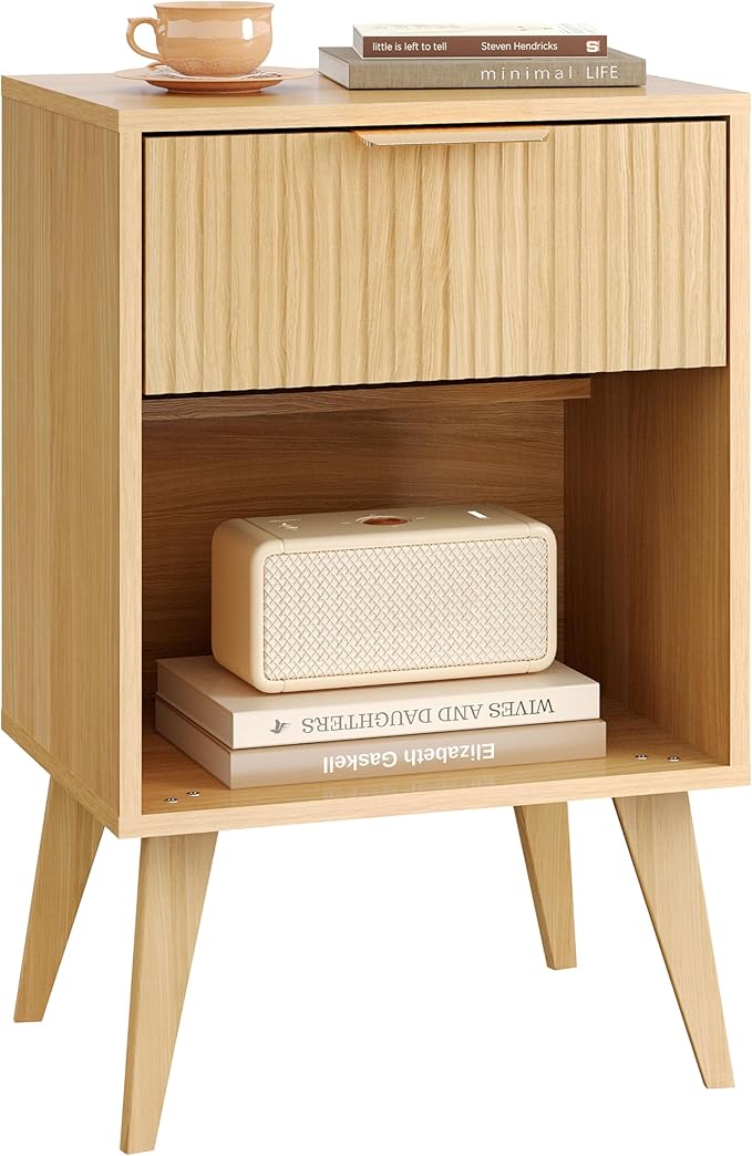 YAUKOMEL Fluted Night Stand with Opening Storage,Mid Century Bedside Table with Drawer,Wood Nightstand with Solid Wood Legs,End Table Side Table for Living Room,Bedroom,Natural CTG56Y