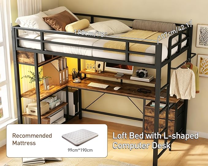 RALGEND Twin Loft Bed with L-Shaped Gaming Desk and Charging Station, Metal Loft Bed Frame with RGB Lights, Storage Drawers and Hanging Rod, Loft Bed for Teen/Adult, Rustic Brown