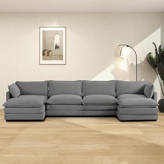ROWHY 148'' Sectional Cloud Couch with 2 Ottomans, Oversized 4 Seat Sleeper Sofa with 2 Throw Pillows, Convertible Upholstered U Shaped Cozy Sofa Furniture Set for Living Room and Office, Dark Grey