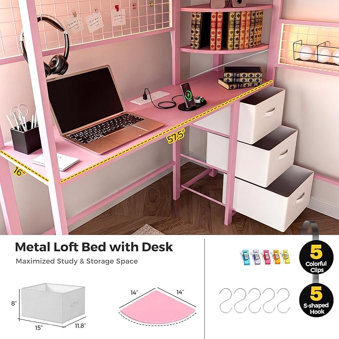 Kikihouse Full Size Loft Bed with Desk and Stairs, Headboard, Wardrobe, Bedside Storage Shelf, 6 Drawers, Charging Station & LED Light, Metal Gaming Loft Bed Frame for Adult Space-Saving