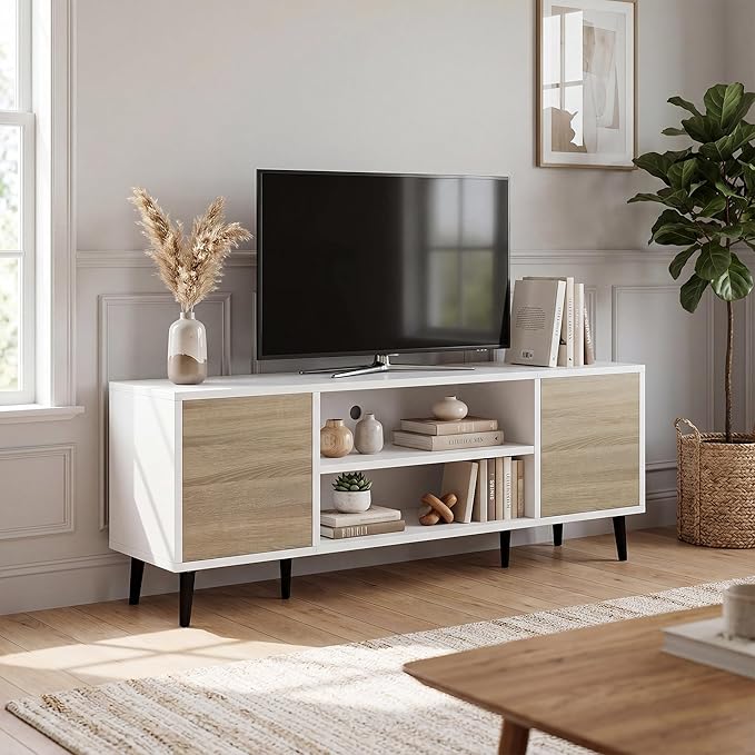 JUMMICO Mid-Century Modern TV Stand for 43-55 Inch TVs, 50 Inch Media Console with Storage, Entertainment Center with Push-Open Cabinets and Cable Management for Living Room (Oak, 50 Inches)