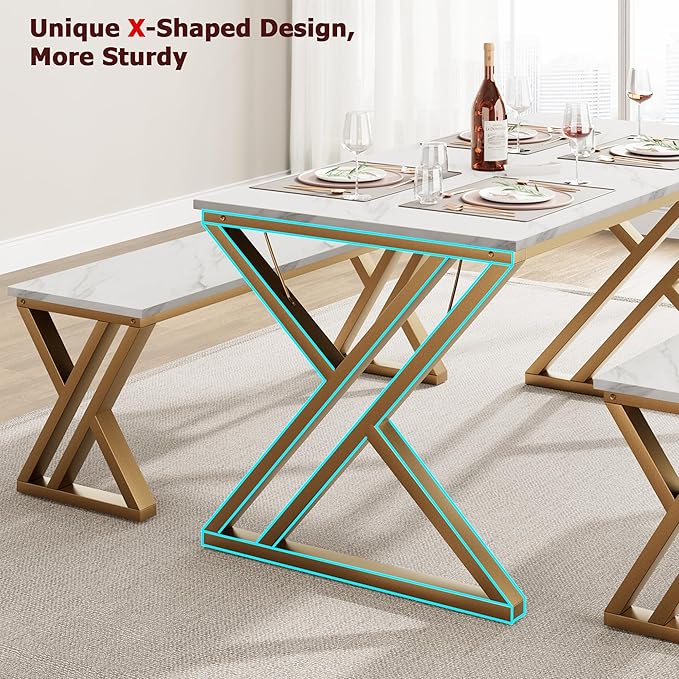 GAOMON Dining Table Bench Set for 4, Kitchen Table Set With 2 Benches, Rectangular Dining Room Table Set With Faux Marble Tabletop, Sturdy Metal Frame, Saving Space for Kitchen, Dining Room, Apartment