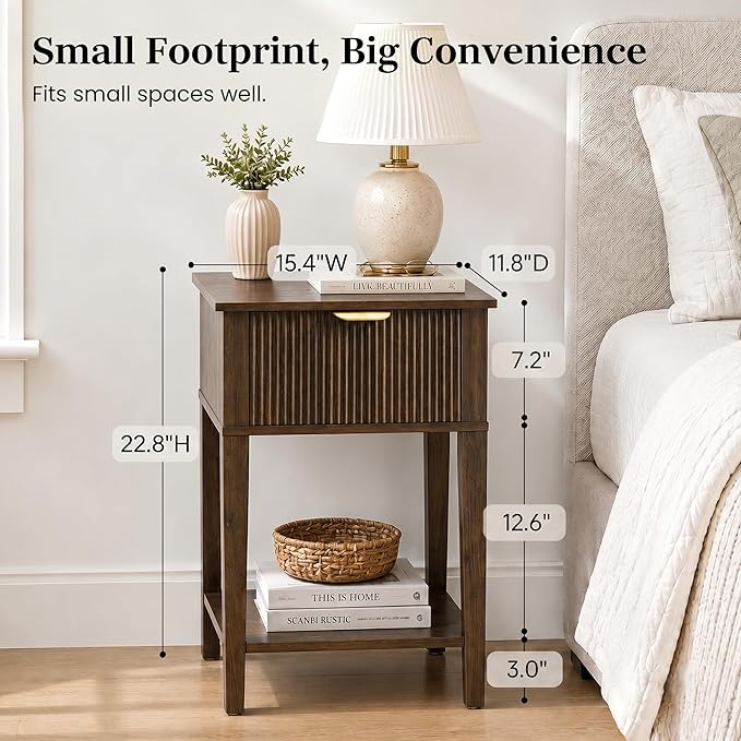 Modern Fluted Small Wood Nightstand, 11.8" Deep x 15.4" Narrow Bedside Table with Drawer & Open Shelf, Mid-Century Rustic Accent End Table for Bedroom & Sofa - Walnut