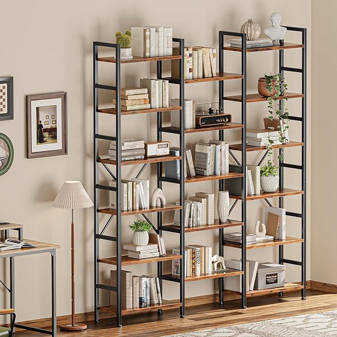 SUPERJARE Triple Bookshelf, Bookcase with 17 Open Display Shelves, Wide Book Shelf Book Case for Home & Office, 6 Tier, Brown, ABC003Z