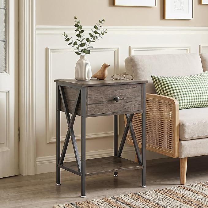 VECELO Nightstands Set of 2, Modern Bedside End Tables, Night Stands with Drawer and Storage Shelf for Living Room Bedroom, Industrial Metal Frame