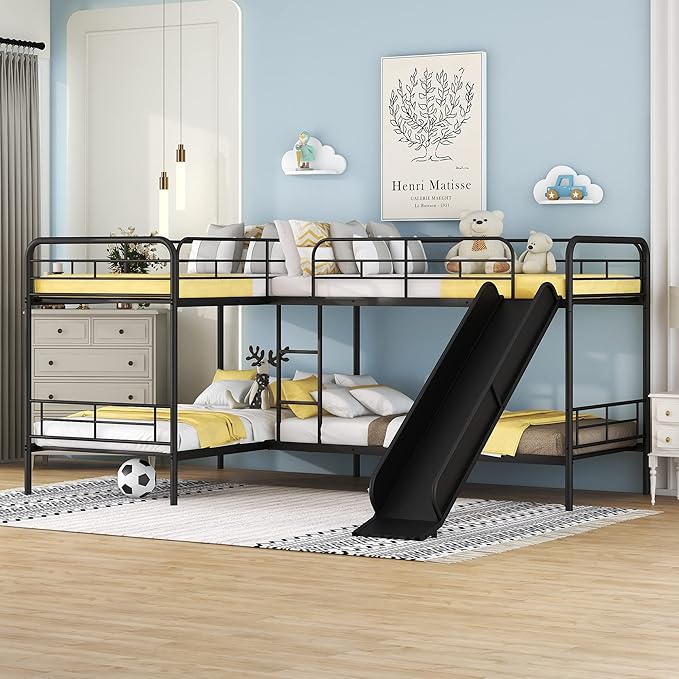 Bellemave Quad Bunk Beds with Slide L-Shape Bunk Bed for 4 Twin Over Twin Metal Bunked Frame for Kids Boys Girls Teens, Black