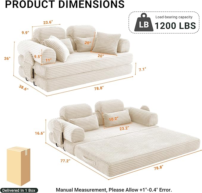 78.8" Convertible Sofa Bed with High Backrest Headrest, 5-in-1 Corduroy Boneless Couch with Side Pocket, Sleeper Loveseat Couch Bed Sectional Couches for Living Room, No Assembly, White