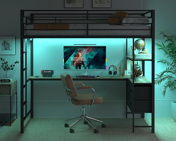 VINGLI Twin Metal Loft Bed Frame with 15 Inches Safety Guardrail, Non-Slip Ladder, 2 Charging Stations, L-Shaped Desk, Storage Shelve, 4 Drawers, LED Lights, for Kids, No Box Spring Needed, Black