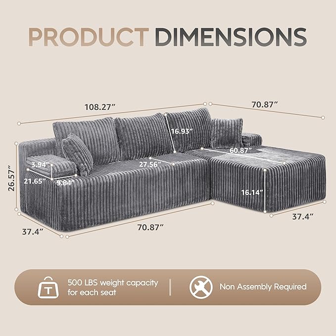 Hobestluk Modular Sectional Sofa Boneless Couch L-Shape Couch 3 Seat Modular Couch Memory Foam Sectional Couches for Living Room Furniture, Cloud Couch with Oversized Chaise (108" Right Facing Chaise)