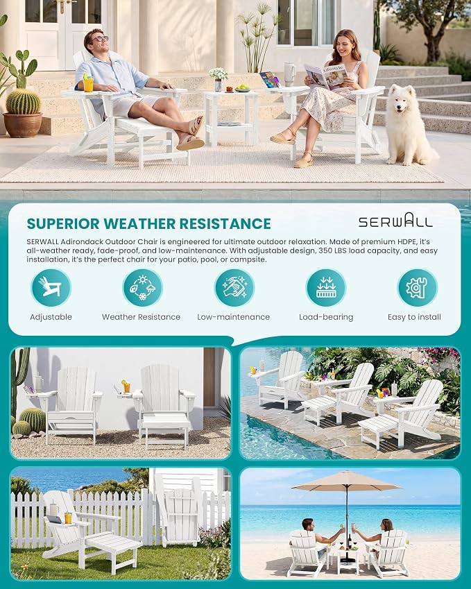 SERWALL Folding Adjustable Adirondack Chairs with Footrest Set of 4, HDPE Outdoor Chair with 4-in-1 Cup Holders, All Weather Adirondack Chair with Ottoman, White