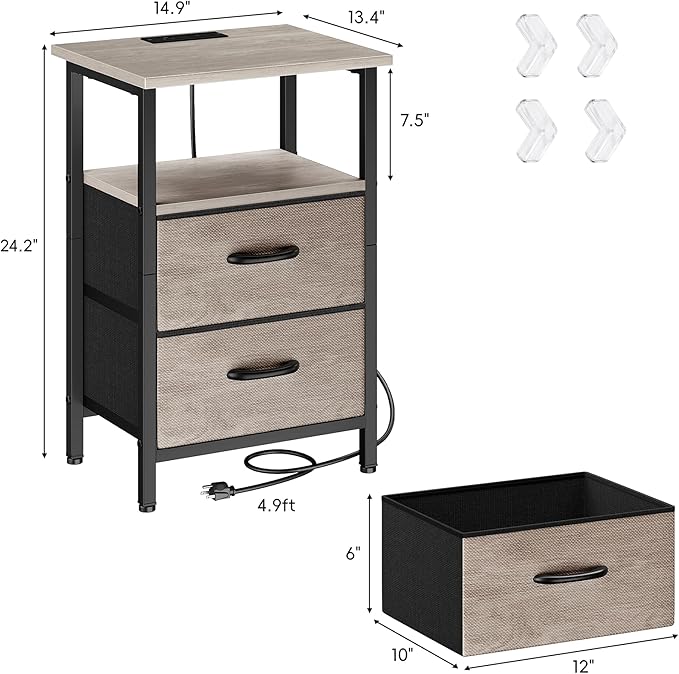 Vagusicc Nightstand with Charging Station, Side Table with 2 Fabric Drawers, Bedside Table with Open Shelf, 24.2" Tall End Table with USB Ports and Outlets, Night Stand for Bedroom, Greige