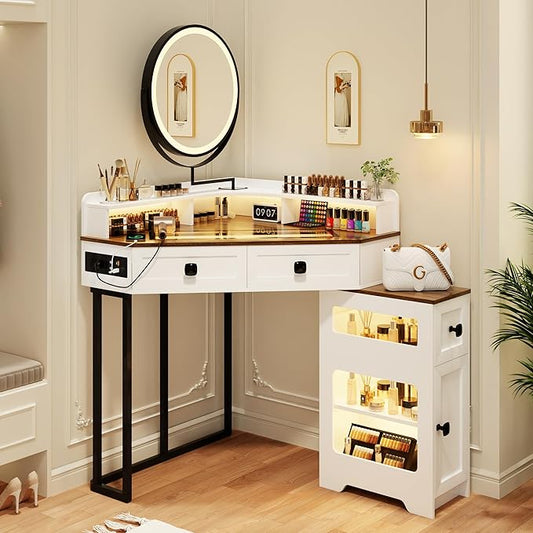 FREDEES Makeup Vanity with Mirror and Lights, Corner Vanity Table with Charging Station for Bedroom/Cloakroom, Glass Top Vanity Set with Drawers and Shelves, White