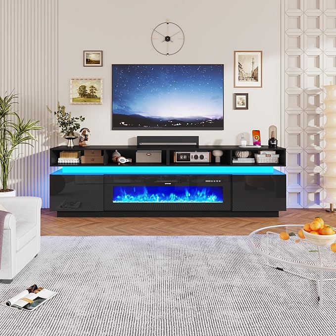 chartustriable Fireplace TV Stand for 100" TV, 93" LED Entertainment Center with 50" Fireplace & Power Outlets, High Gloss TV Stand, Gaming TV Media Console for Living Room, 93 Inch, Black
