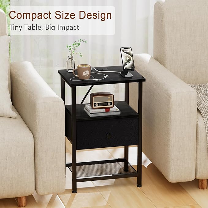 LOAKEKEL Night Stand, Nightstand with Charging Station, Slim Industrial Bedside Table with Fabric Drawer, Small End Table with USB & Type-C Ports for Bedroom, Black, HETS010BK-1
