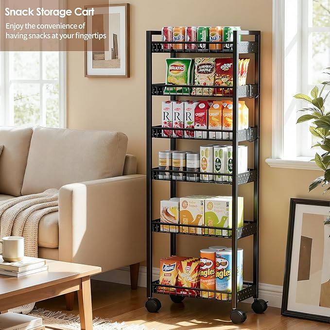 6 Tier Slim Storage Cart, Narrow Rolling Cart with Wheels, Narrow Mobile Utility Shelf Unit Organizer for Kitchen, Bathroom, Laundry Room, Living Room, Small Places, 6in(W), Black