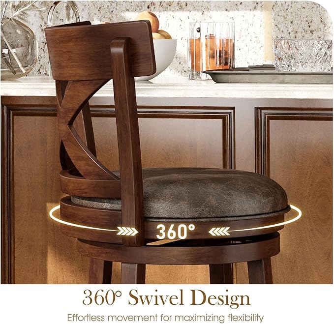 Sophia & William Swivel Bar Stools Set of 6, 26 Inch Counter Height Barstools with Cross Back & Solid Wood Legs,Modern Faux Leather Bar Chairs for Kitchen Island
