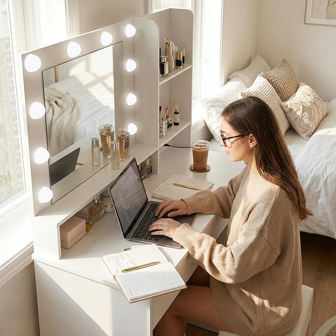 YESHOMY 39" Vanity Desk with Mirror & Lights, Makeup Vanity Table with Power Outlet & Storage Drawers, 3 Color LED Lighting, Dressing Table for Bedroom,Snow White