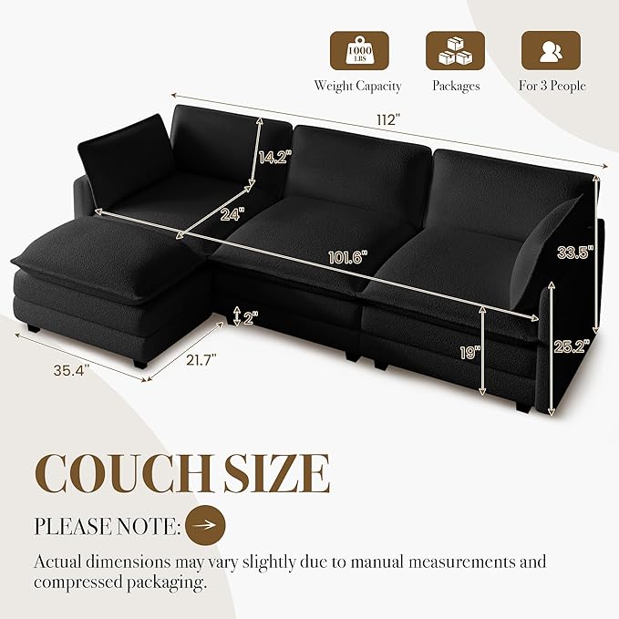 ROWHY 112'' Modular Sectional Cloud Couch with Movable Ottoman, 4 Seat Modern Chenille Sofa with 2 Throw Pillows, Deep Seat L Shaped Couch for Living Room Bedroom Apartment, Black | Arrange Freedom