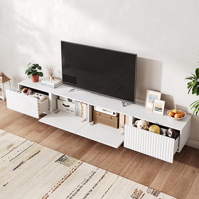 98” TV Stand for Living Room, Modern Entertainment Center with Drawers & Storage Compartments, Large TV Console Fits 55”-95” TVs, Square Top with Grooved Drawer Fronts & Stable Base,White