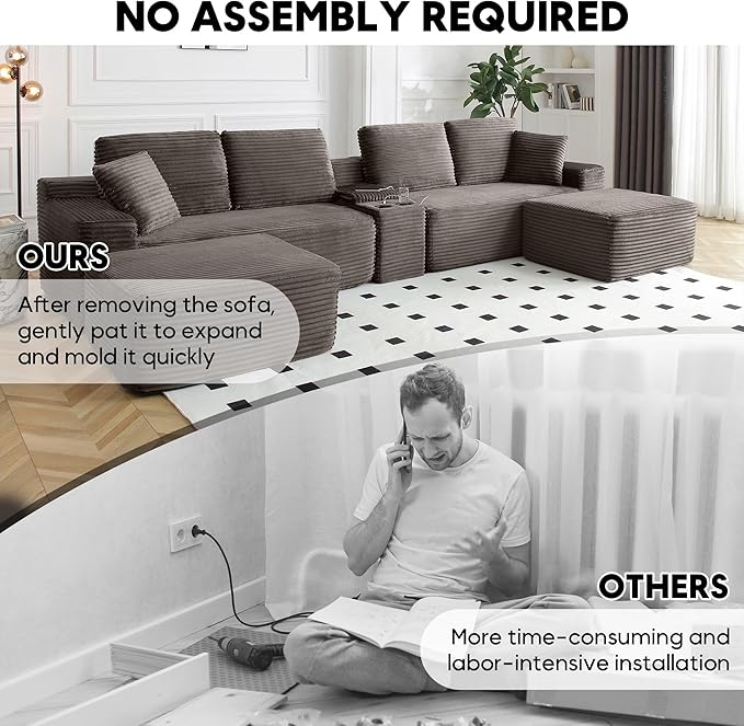125 Inch Modular Sectional Sofa, Modern Oversized Corduroy Cloud Couch with 2 Ottomans, Cup Holders and USB Ports, U Shape Couch Boneless Couches for Living Room, No Assembly Required, Camel