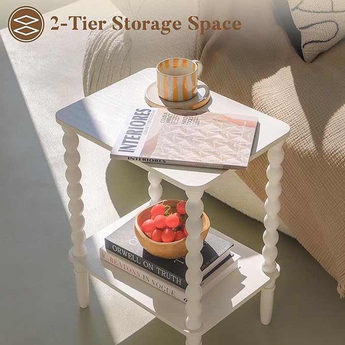 Fultyle White End Table, Small Side Table with Storage Shelf, 2-Tier Modern Night Stand for Bedroom, Living Room, Small Spaces (White)