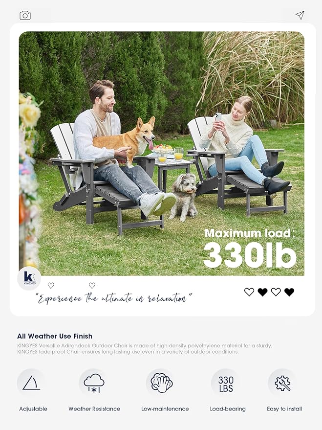 KINGYES Folding Adjustable Adirondack Chair with Retractable Ottoman Set of 2, HDPE All Weather Chair with Cup Holder, Wood-Like Recliner Adirondack Outdoor Chair - Versatile Adirondack Chair, Grey