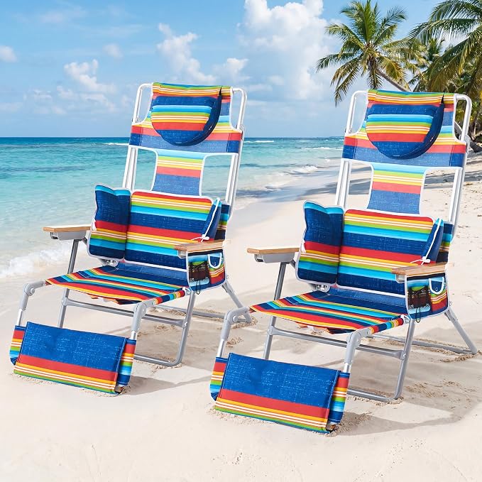 5-Positon Backpack Beach Chair, Portable Folding Tanning Chair, Double Shoulder Straps Beach Lounge Chair with Footrest, Face Hole, Towel Bar (Red Blue, 60.6" (Set of 2))