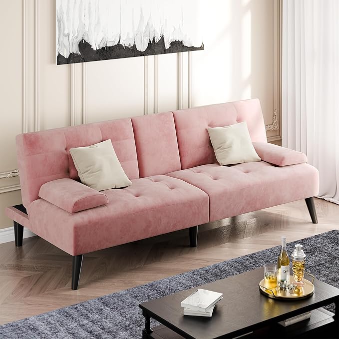 Shintenchi Futon Sofa Bed, Velvet Foldable Couch, Reclining Sleeper with Removable Armrests, Upholstered Loveseat Sofa Couch with Folding Cup Holders for Office, Home, Pink