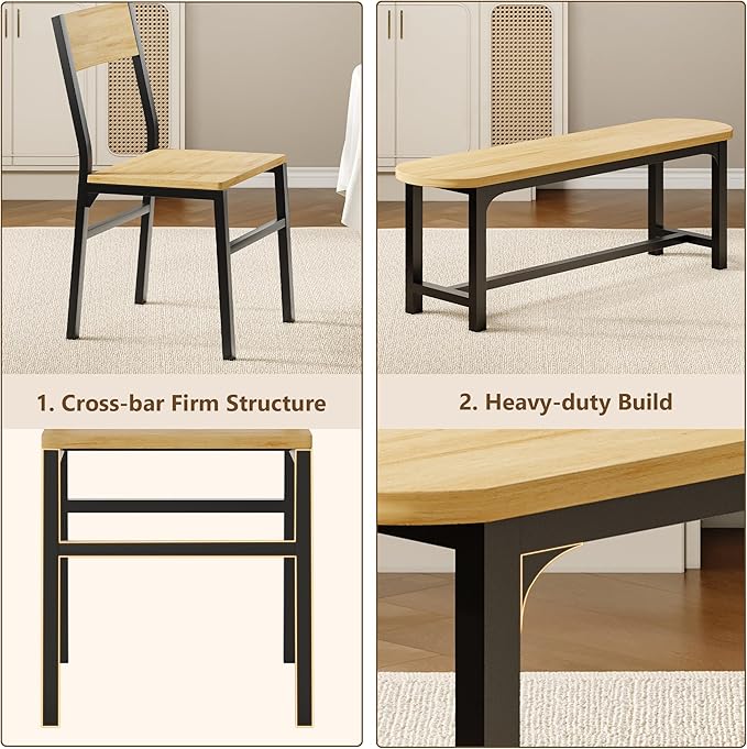 Feonase Dining Chairs and Benches Set of 4, Modern Dining Room Chairs with Ergonomic Backrest, Wood Structure & Metal Legs, for Kitchen, Dining Room, Space-Saving, Easy to Assemble & Clean, Natural