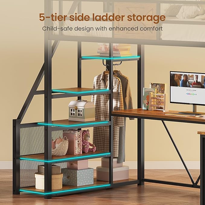 Itaar Stairway Twin Size Loft Bed with L Shaped Desk and Wardrobe, Metal Loft Bed Frame with Storage Stairs, 3 Fabric Drawers, LED Lights & Charging Sation, Rustic Brown