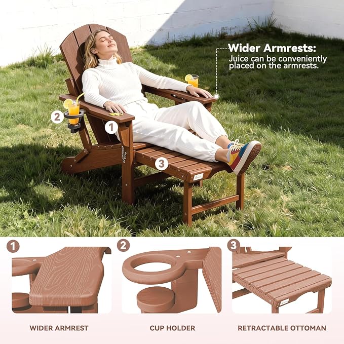 Mdeam 3-Level Adjustable Adirondack Chair with Retractable Ottoman, HDPE All-Weather Folding Fire Pit Chair with 2 Cup Holders, Outdoor Chair for Deck Patio Garden Backyard Lawn (Teak)