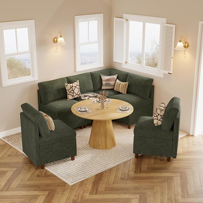 SITJOY Breakfast Nook Bench with Storage, Modular Corner Kitchen Banquette Seating, Dining Settee Couch, Upholstered Dining Bench with Back, Soft-to-Touch Fabric in Green, 4-Seat L Shaped Nook