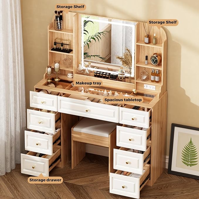 Arulvmrn 43" Makeup Vanity Desk with Mirror and Lights, & Power Outl, Glass Top Big Vanity Table with 9 Drawers& 8 Storage Shelves, Dressing Table Set with Chair for Bedroom, Oak