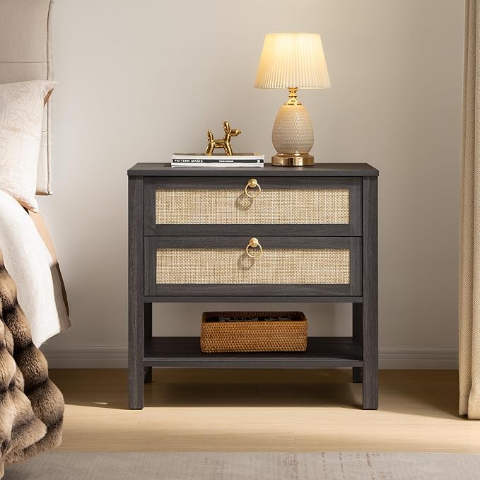 SICOTAS Night Stand with Drawers and Storage Shelf - Large Nightstands Rattan Decor Boho Bedside Table Narrow Side Table for Bedroom, Small Space