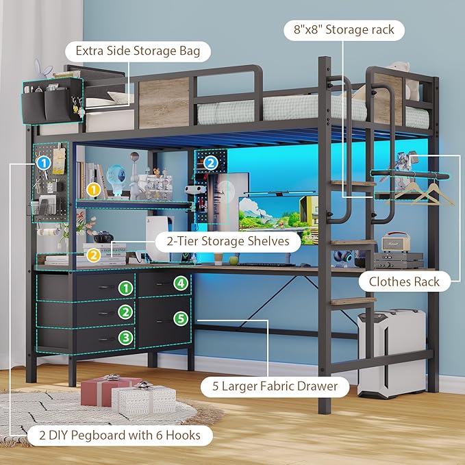 Dnxao Twin Loft Bed with Desk and 5 Storage Drawers,Loft Bed Twin Size with LED Lights and Charging Station, Metal Bunk Bed Frame with Ladder, Clothes Rail,Noise Free,Oak Gray