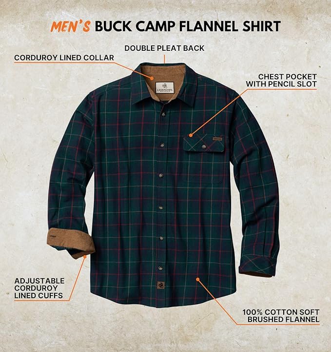 Legendary Whitetails Mens Long Sleeve Button Down 100% Cotton Flannel Shirt