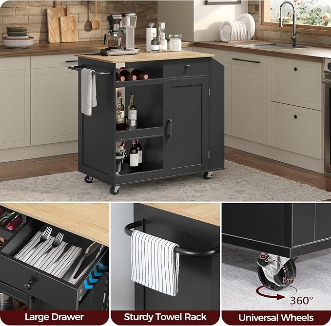 MAHANCRIS Kitchen Island with Power Outlet, Kitchen Storage Island with Drawer, Rolling Kitchen Cart on Wheels, Spice Rack, Towel Rack, Wine Rack, for Dining Room, Black and Natural KIHN122E01