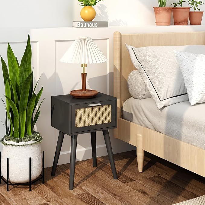 LAATOOREE Nightstand Set of 2, Small End Table with Rattan Door, Bedside Table with Solid Wood Feet, Boho Side Table for Bedroom Living Room Small Space, Black