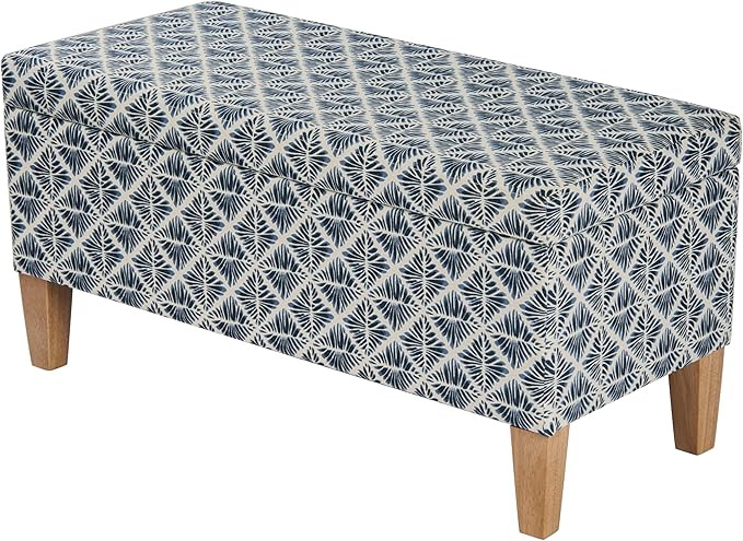 HomePop Large Decorative Storage Bench with Flip-Top - Blue Geometric Pattern - Cotton Fabric - Natural Wood Legs