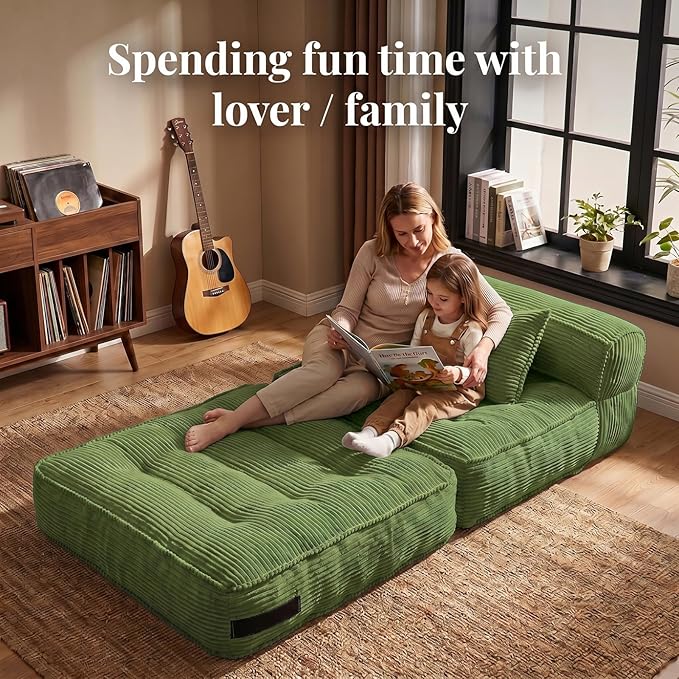 Folding Sofa Bed, Convertible Sleeper Chair with Pillow Foldable Mattress with Back Support, Portable Fold Out Chair Bed Comfy Floor Couch Lounge for Living Room Bedroom Apartment Single