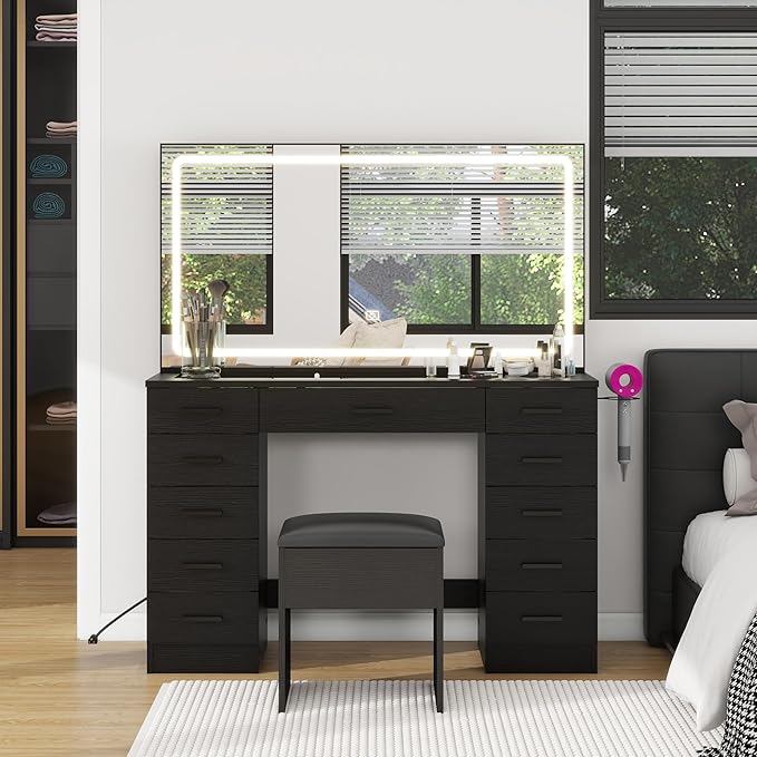 Panana Vanity Desk with 11 Drawers, Glass Top Makeup Table with Mirror and LED Lights Vanity with Stool 3 Lighting Modes Brightness Adjustable Dressing Table with Power Outlet (Black)