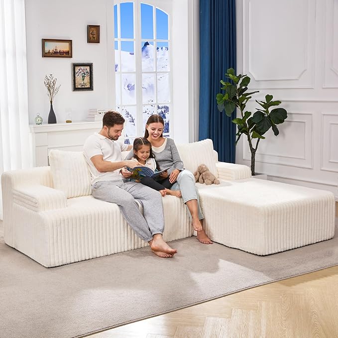 Hobestluk Modular Sectional Sofa Boneless Couch L-Shape Couch 3 Seat Modular Couch Memory Foam Sectional Couches for Living Room Furniture, Cloud Couch Lounge (White Stripe, 98" Right Facing Chaise)