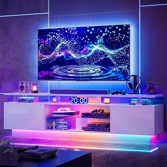 80” High-Glossy TV Stand with 2 Side Cabinets, Storage Entertainment Center, Modern Stylish TV Console with 3 Layer LED Lights&Power Outlets,Remote&APP Control for Living Room Use White