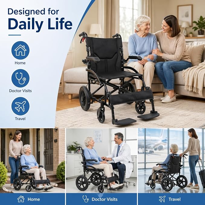 IDEALHOUSE Lightweight Foldable Transport Wheelchair for Adults, with Flip Back Armrests, Swing Away Footrests, 6” PVC Front & 12” PU Rear Wheels, Aluminum Frame, Ideal for Travel