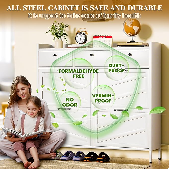 Metal Shoe Storage Cabinet for Entryway,White Shoe Cabinet with 4 Flip Drawers & 3 Top Drawers Hidden Slim Shoe Organizer Rack Freestanding Steel Entrance Shoe Cabinet with Legs for Hallway Front Door