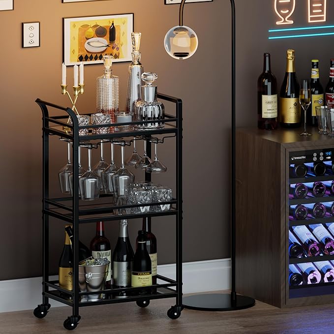 Black Small Bar Cart with 3-Tier Mirrored Shelf, Glass Holders for Kitchen, Dining Room, Living Room - Drink Cart on Wheels with Wine Glass Rack