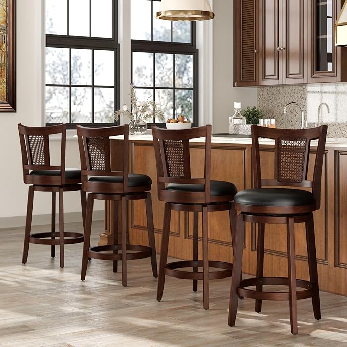 Sophia & William Swivel Counter Height Bar Stools Set of 4, 26 Inch Faux Leather Barstools with Backrest & Solid Wood Legs, Brown Kitchen Counter Stools