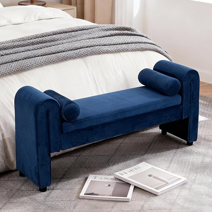 Storage Bench for Bedroom End of Bed, Velvet Upholstered Rolled Armed Button Tufted Sofa Stool Bench, Storage Ottoman Couch Long Bench with Solid Wood Legs (Navy-2)